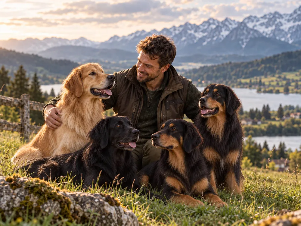 Hodowca z golden retrieverem i hovawartami